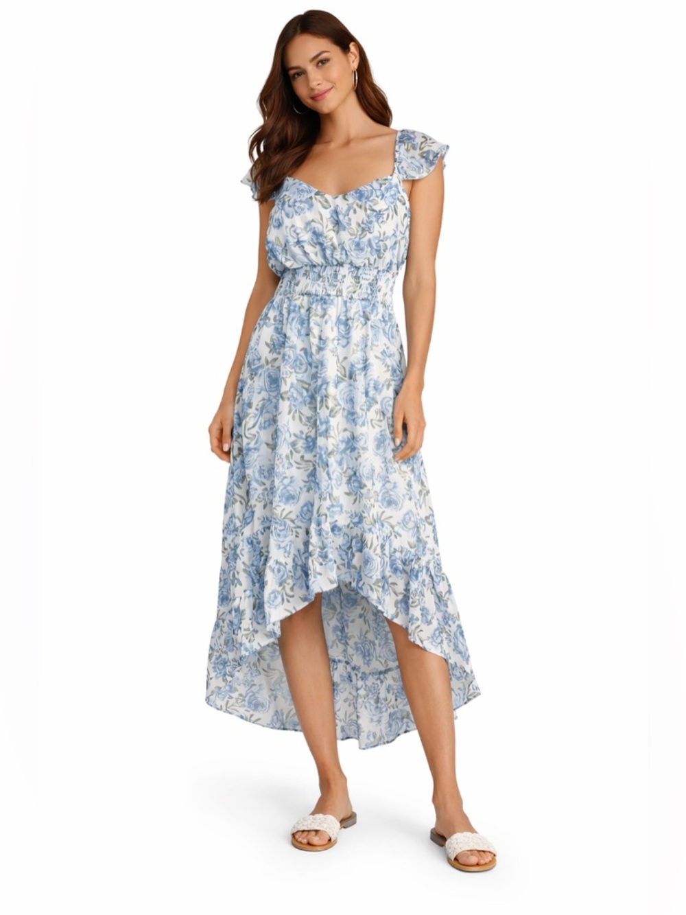 🐿️ No Boundaries Blue & White Floral Midi Dress – Size M (7–9)